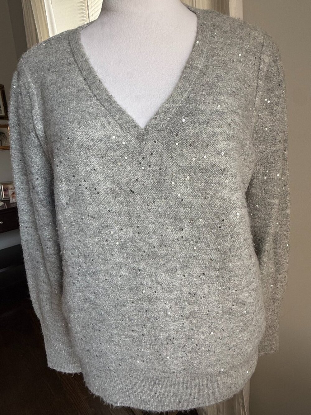 LOFT Gray Sequin V Neck Sweater Petite Size LP